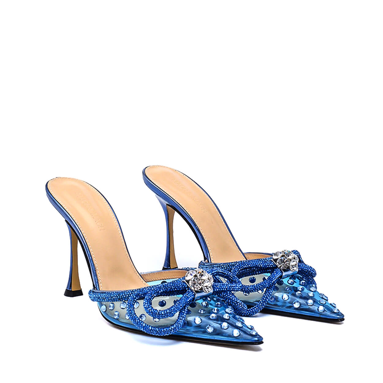 Mach & Mach - Blue Pvc Crystal Embellished Double Bow Mules